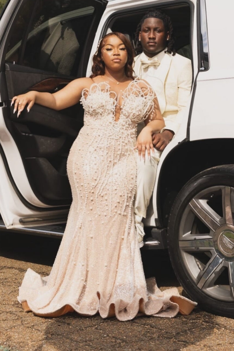Glamorous Nude Pink Beaded Strapless Sheer Straps Mermaid Wedding Dresses