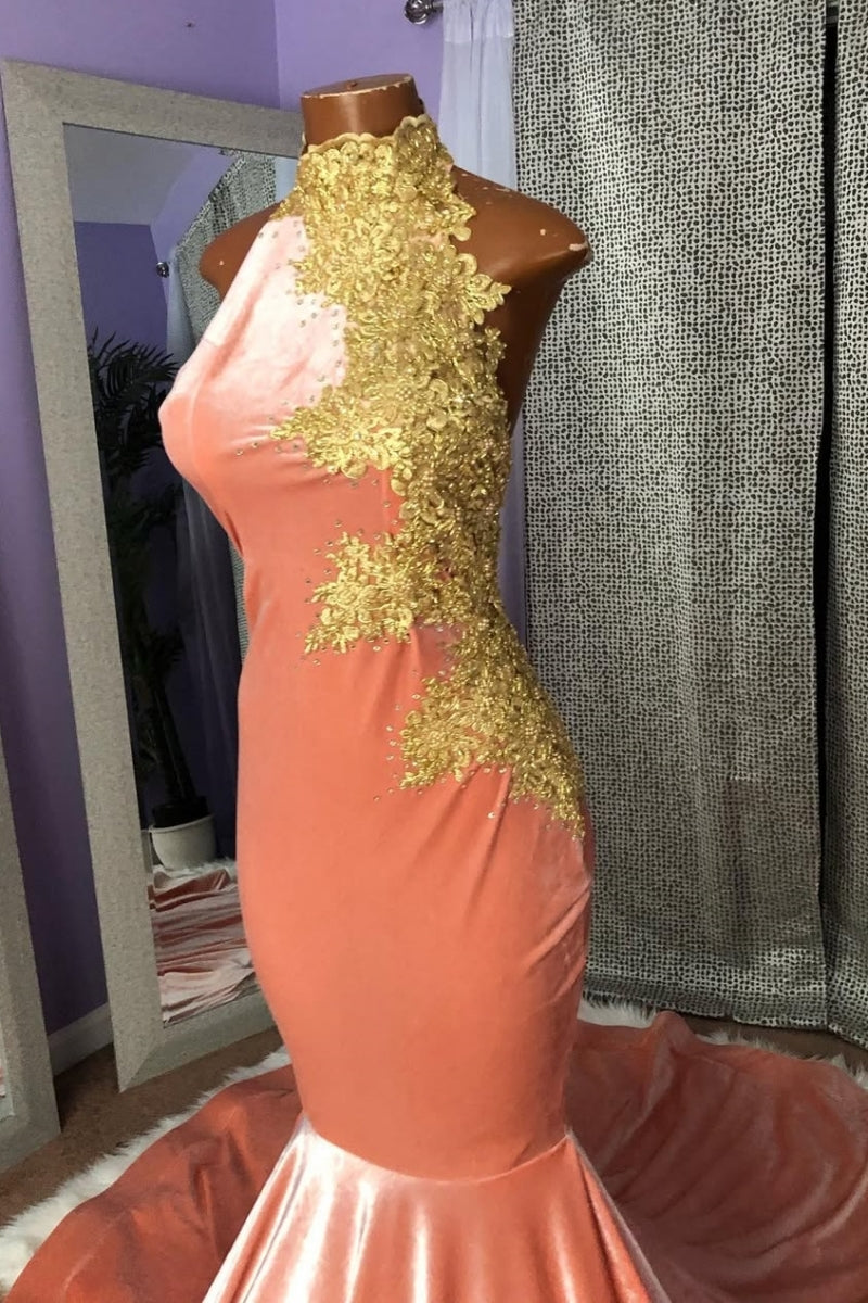Chic Pink High Collar Velvet Mermaid Prom Dresses With Gold Appliques
