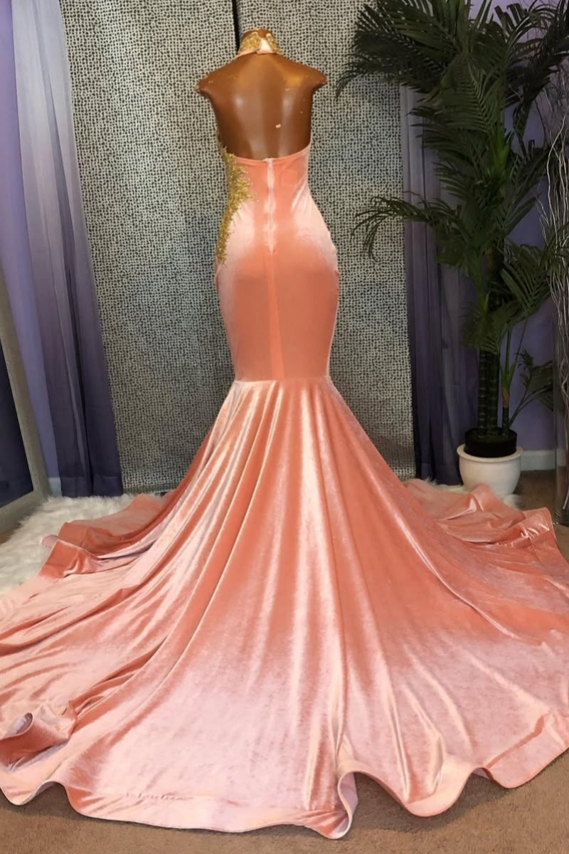 Chic Pink High Collar Velvet Mermaid Prom Dresses With Gold Appliques