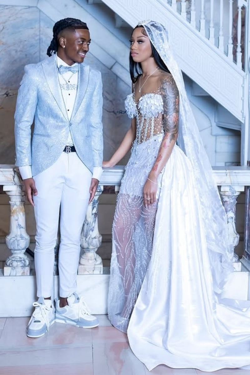 Sexy White Tulle Beaded Strapless Wedding Dresses with Satin Train And Embellished Veil