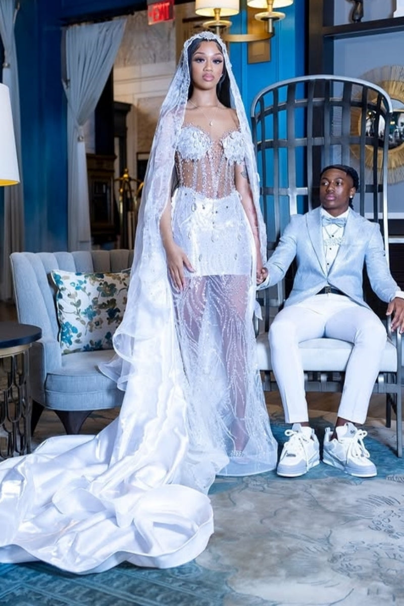 Sexy White Tulle Beaded Strapless Wedding Dresses with Satin Train And Embellished Veil