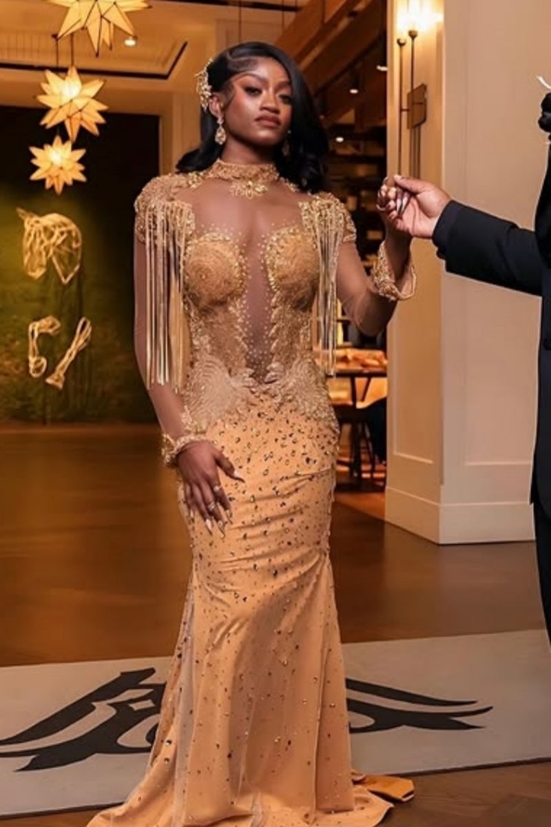 Sparkly Gold Long Sleeves Sheer Tulle High Collar Mermaid Prom Dresses With Beadings