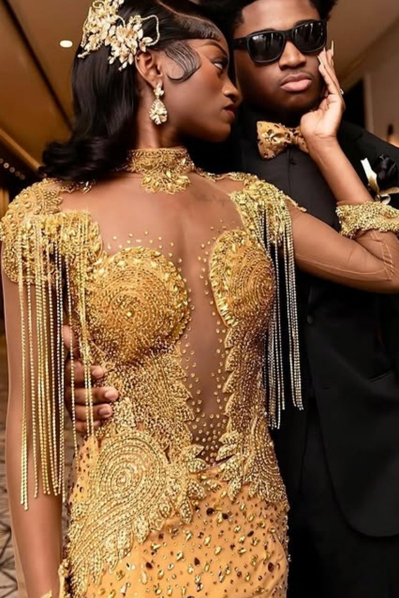 Sparkly Gold Long Sleeves Sheer Tulle High Collar Mermaid Prom Dresses With Beadings