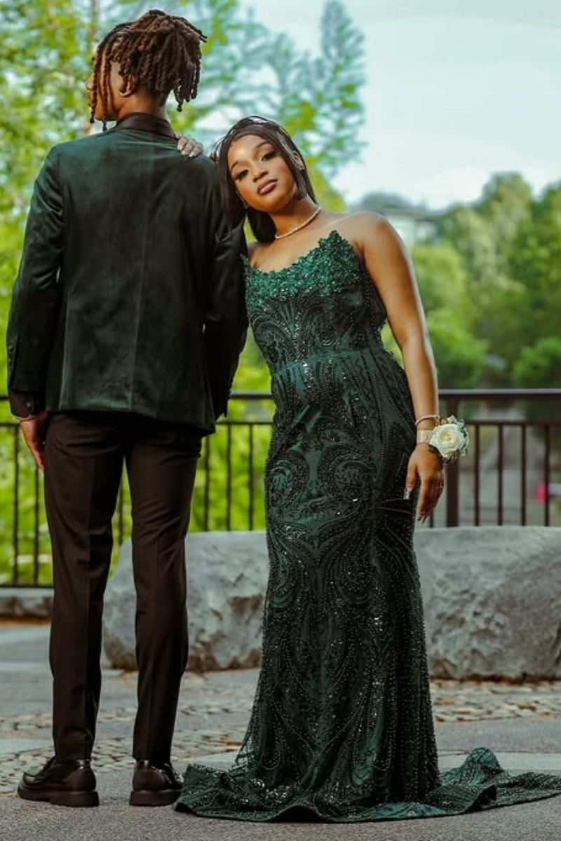 Unique Emerald Green Strapless Sequins Beadings Mermaid Evening Dresses