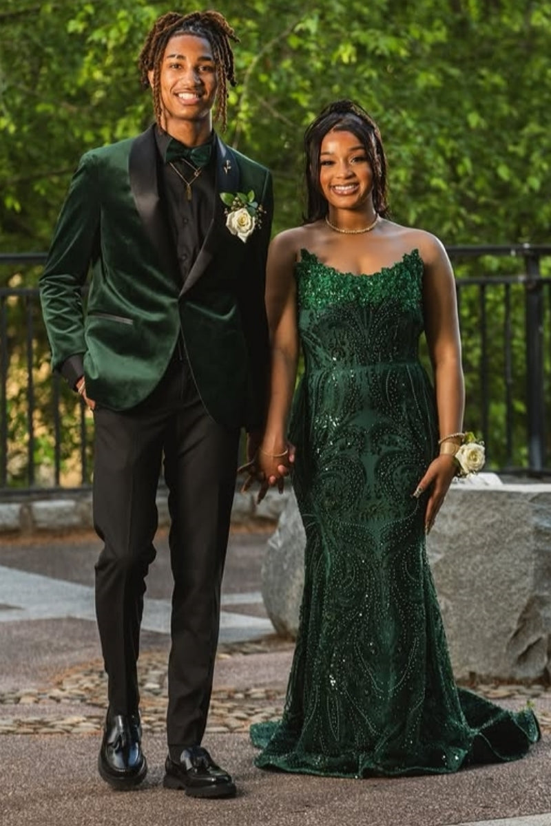 Unique Emerald Green Strapless Sequins Beadings Mermaid Evening Dresses