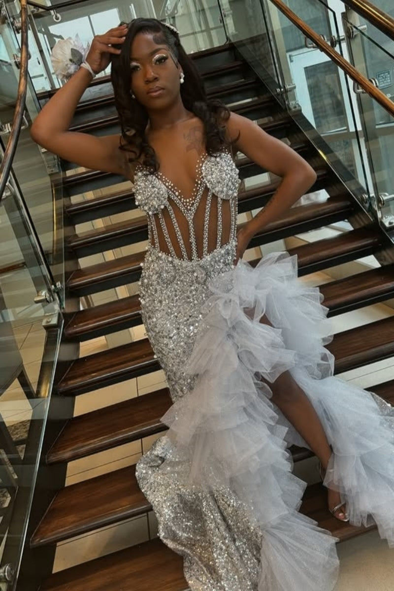 Sexy Silver Beadings Deep V-Neck Sequins High Split With Ruffled Tulle