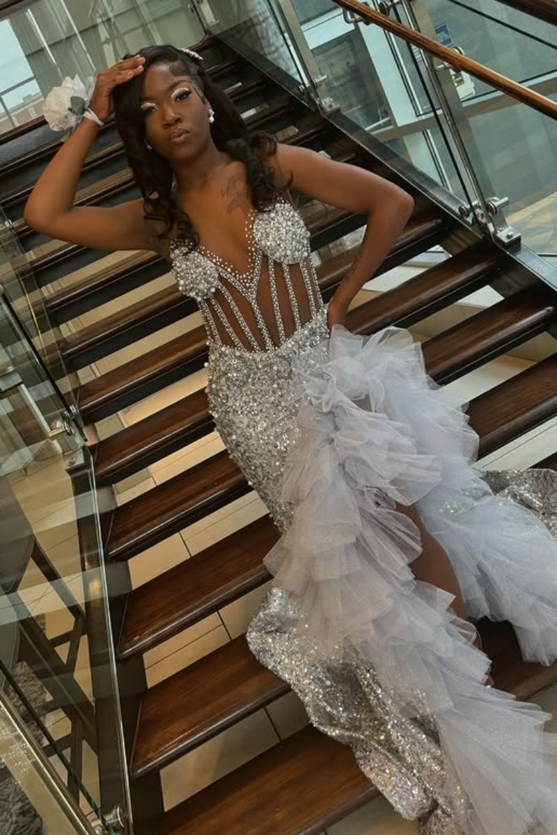 Sexy Silver Beadings Deep V-Neck Sequins High Split With Ruffled Tulle
