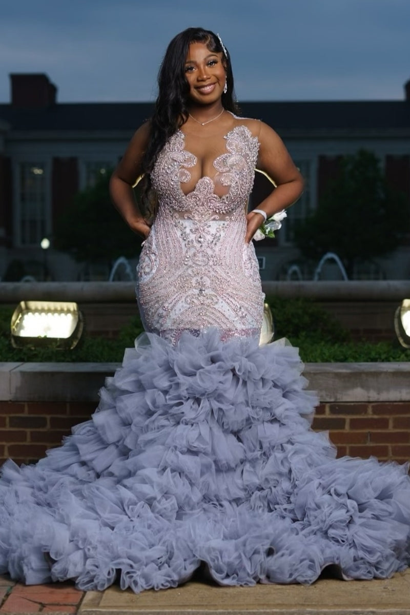 Round Neck Mist Blue Tulle Ruffles Prom Dresses With Silver Beadings