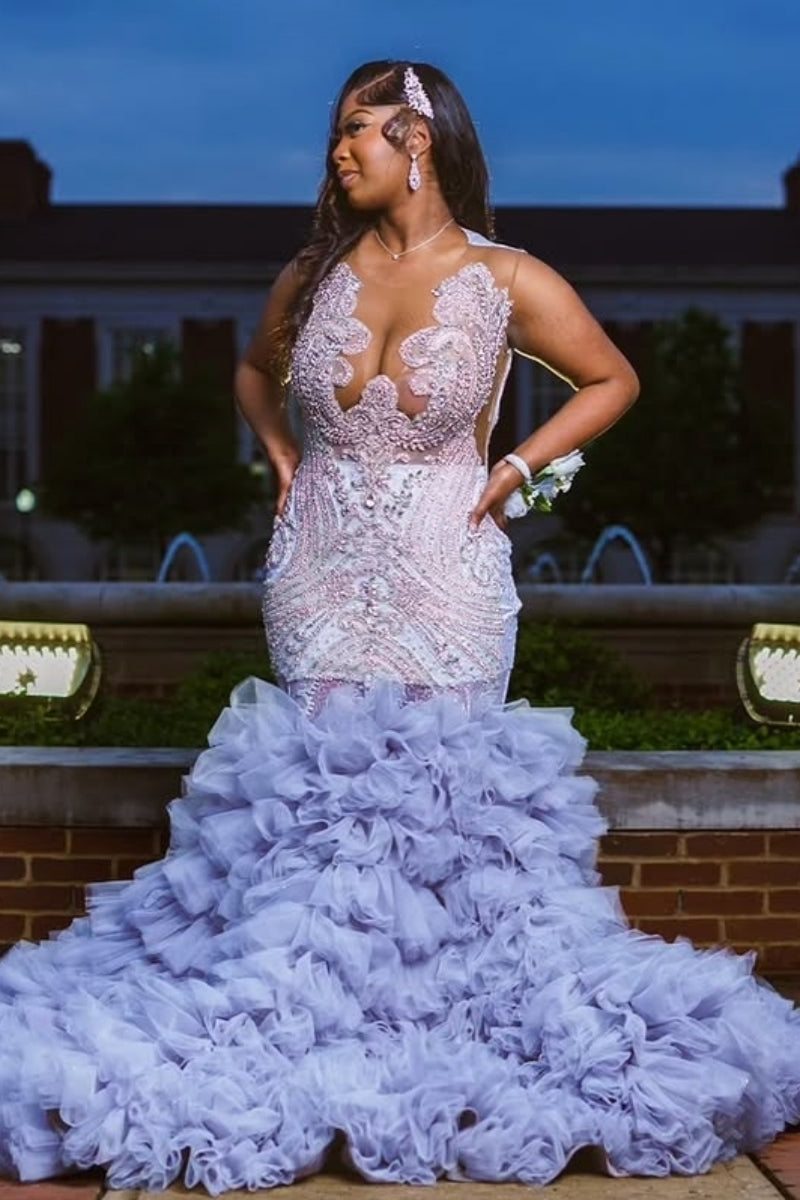 Round Neck Mist Blue Tulle Ruffles Prom Dresses With Silver Beadings