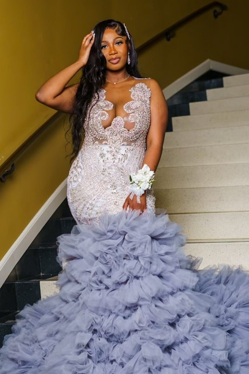Round Neck Mist Blue Tulle Ruffles Prom Dresses With Silver Beadings