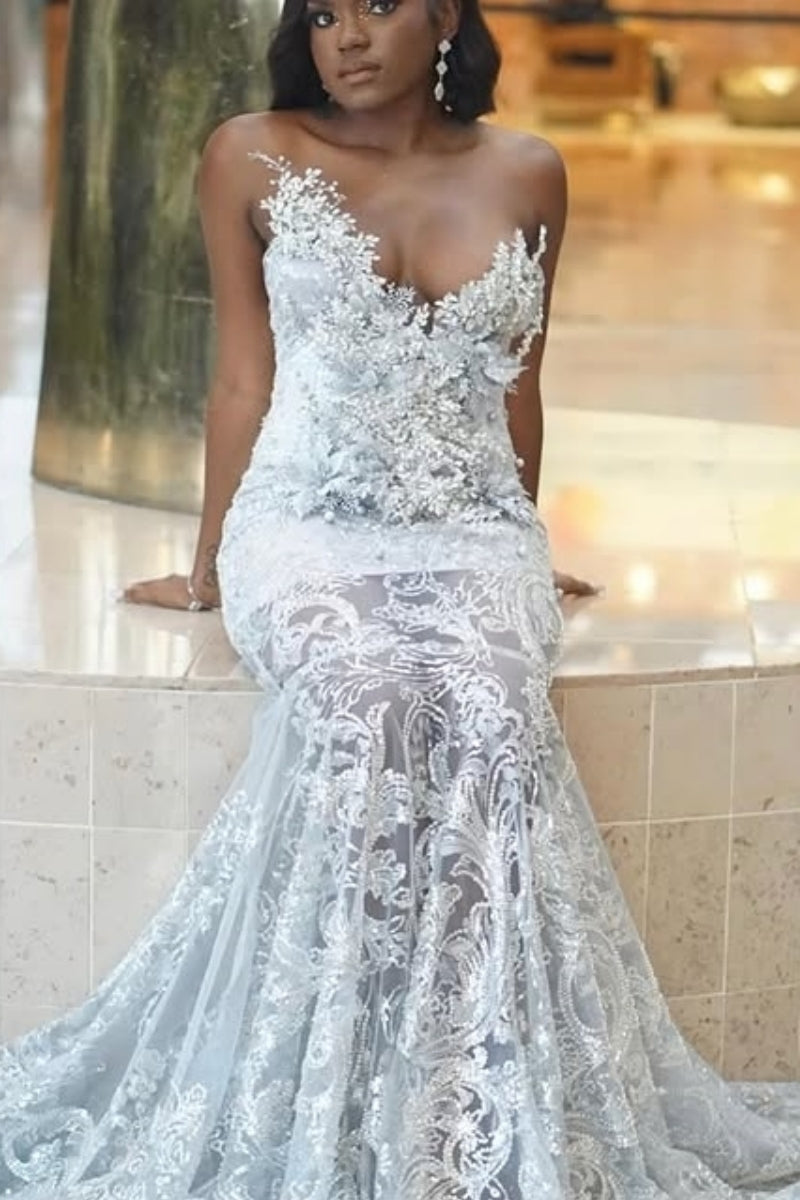 Sexy Silver Beadings Sweetheart Mermaid Tulles Sequins Prom Dresses