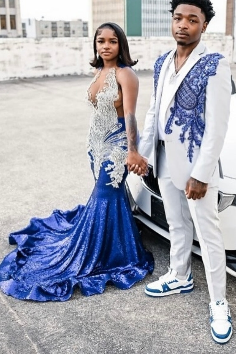 Trendy Royal Blue Sequins Mermaid Prom Dresses With Beadings