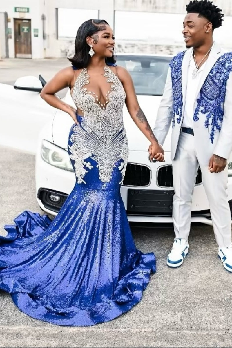 Trendy Royal Blue Sequins Mermaid Prom Dresses With Beadings