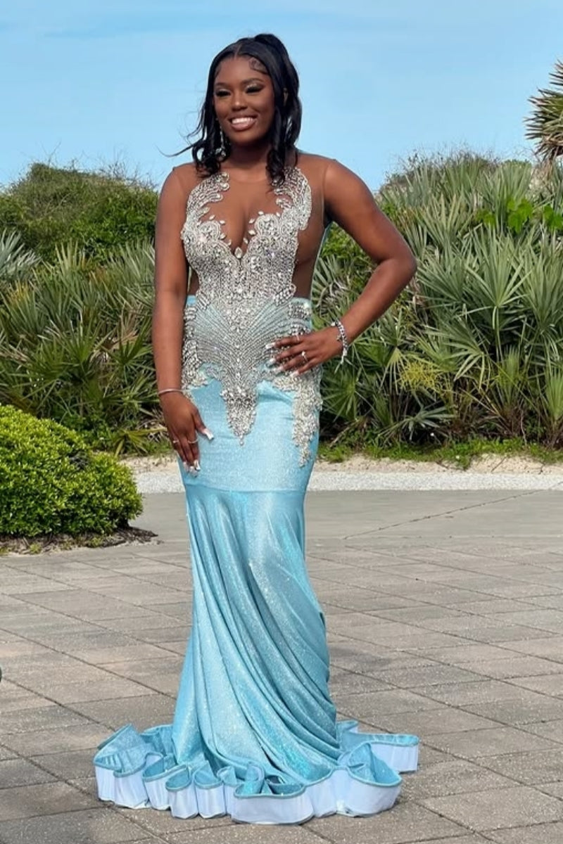 Chic Sky Blue Sleeveless Beadings Mermaid Prom Dress With Sequins