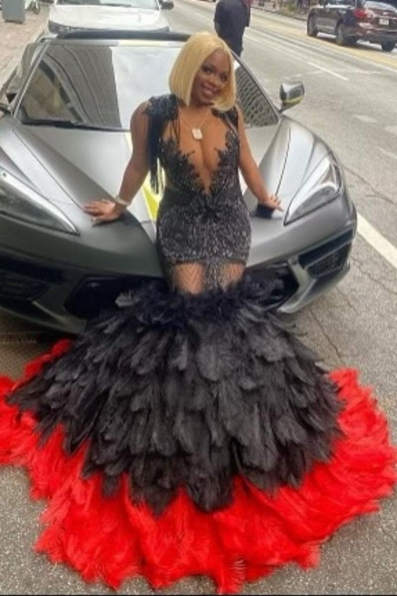 Sexy Black Beadings Prom Dresses With Black And Red Feathers