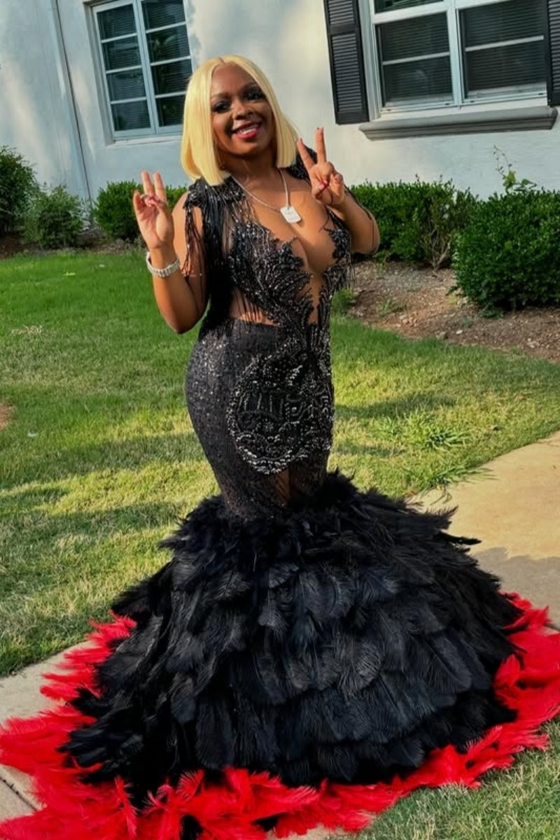 Sexy Black Beadings Prom Dresses With Black And Red Feathers