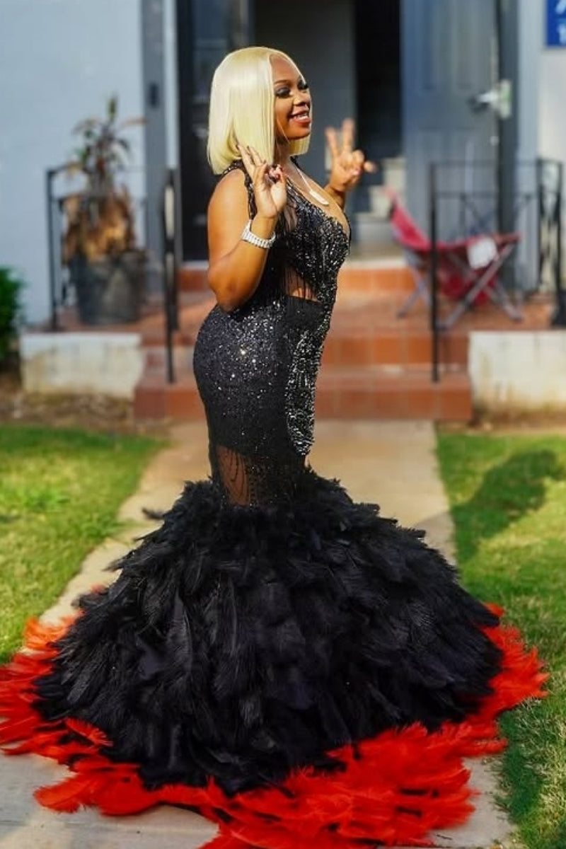 Sexy Black Beadings Prom Dresses With Black And Red Feathers