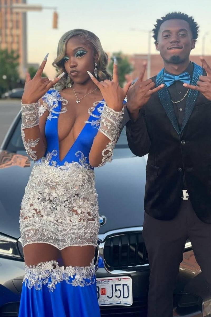Glamorous Royal Blue Deep V-Neck Appliques Long Sleeves Mermaid Prom Dresses