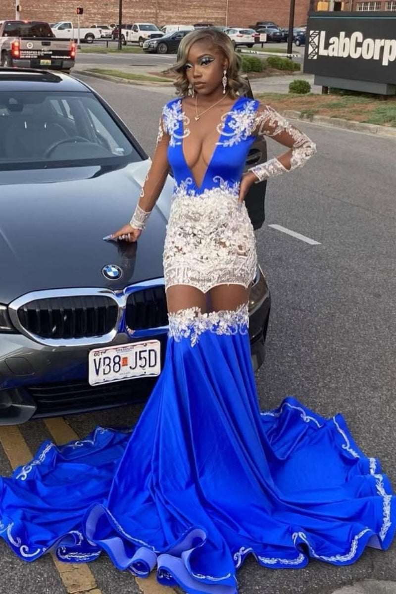 Glamorous Royal Blue Deep V-Neck Appliques Long Sleeves Mermaid Prom Dresses