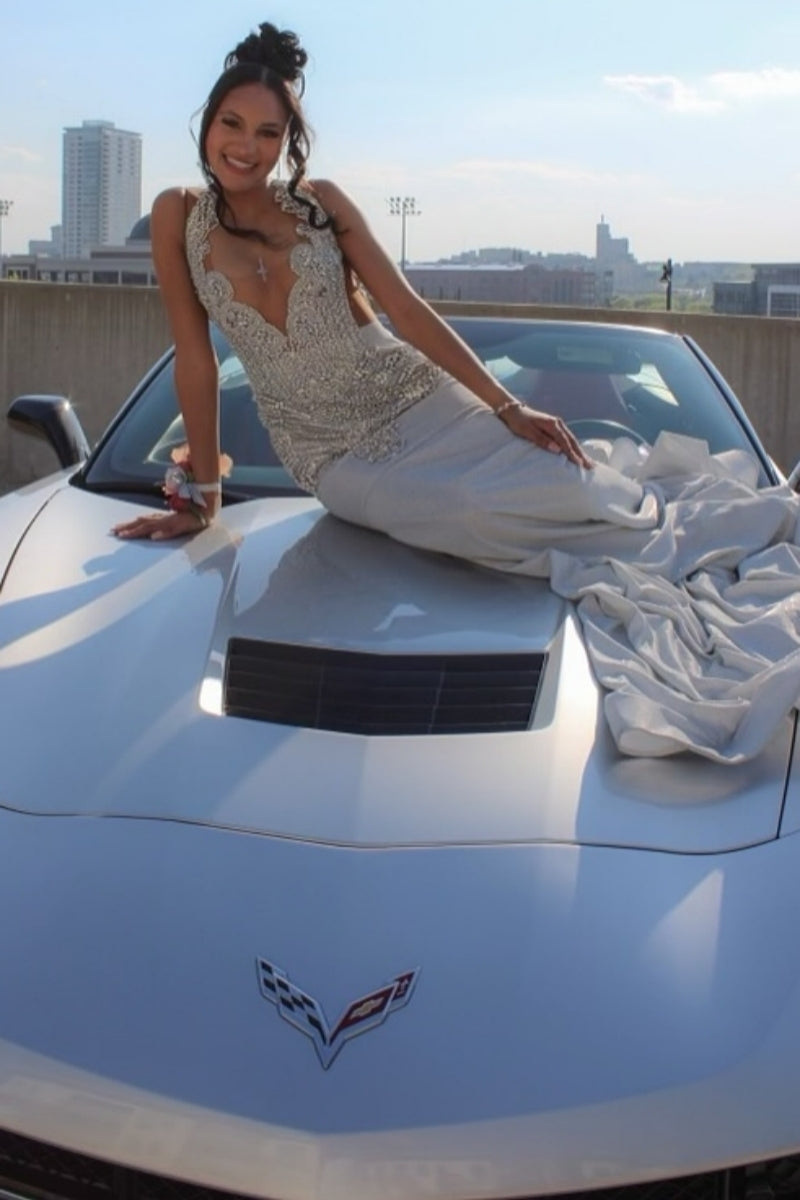 Elegant White Beadings Deep V-Neck Mermaid Prom Dresses