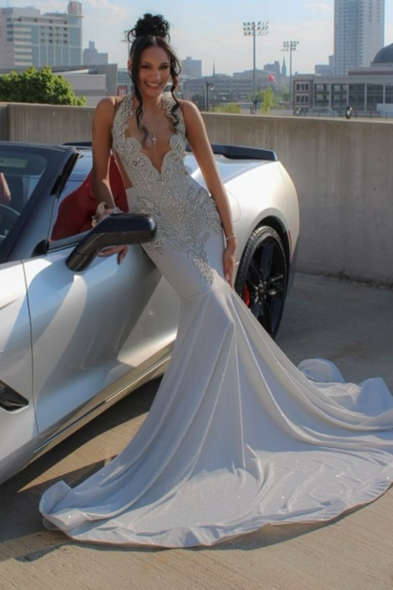 Elegant White Beadings Deep V-Neck Mermaid Prom Dresses