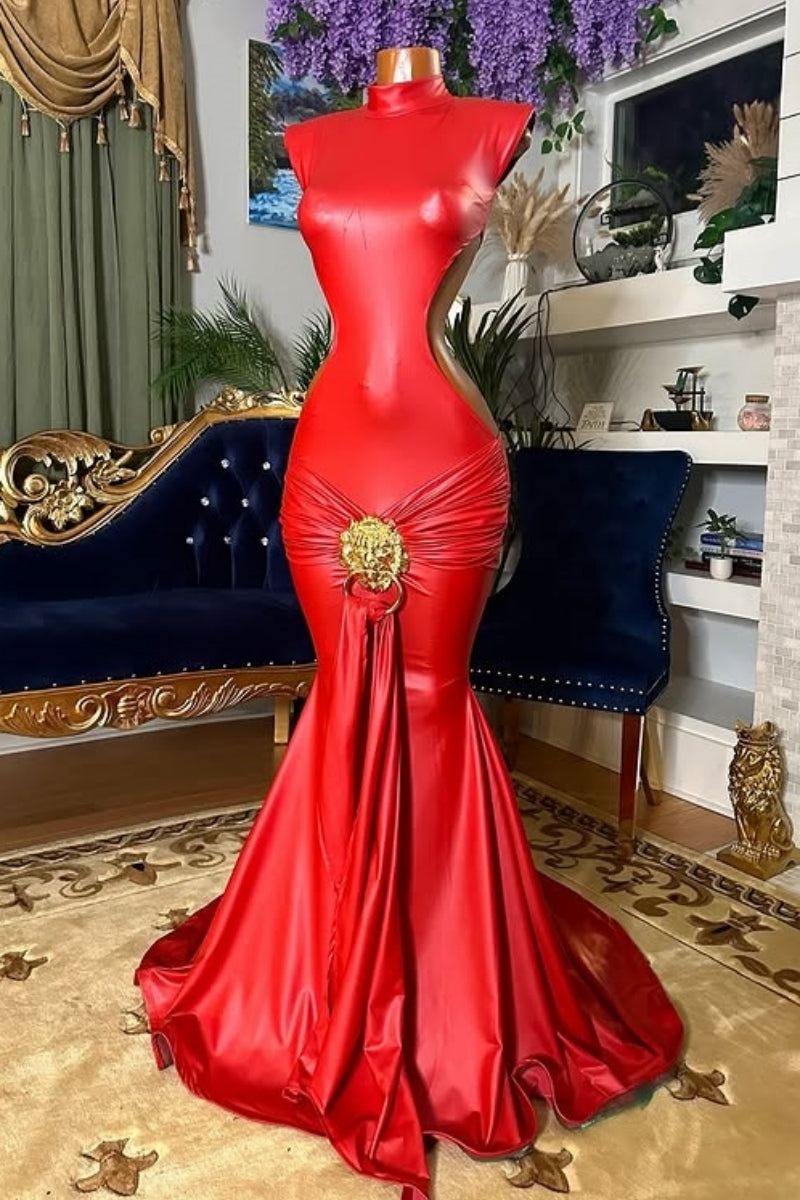 Gorgeous High Collar Red Mermaid Prom Dresses With Gold Decorative Buckle