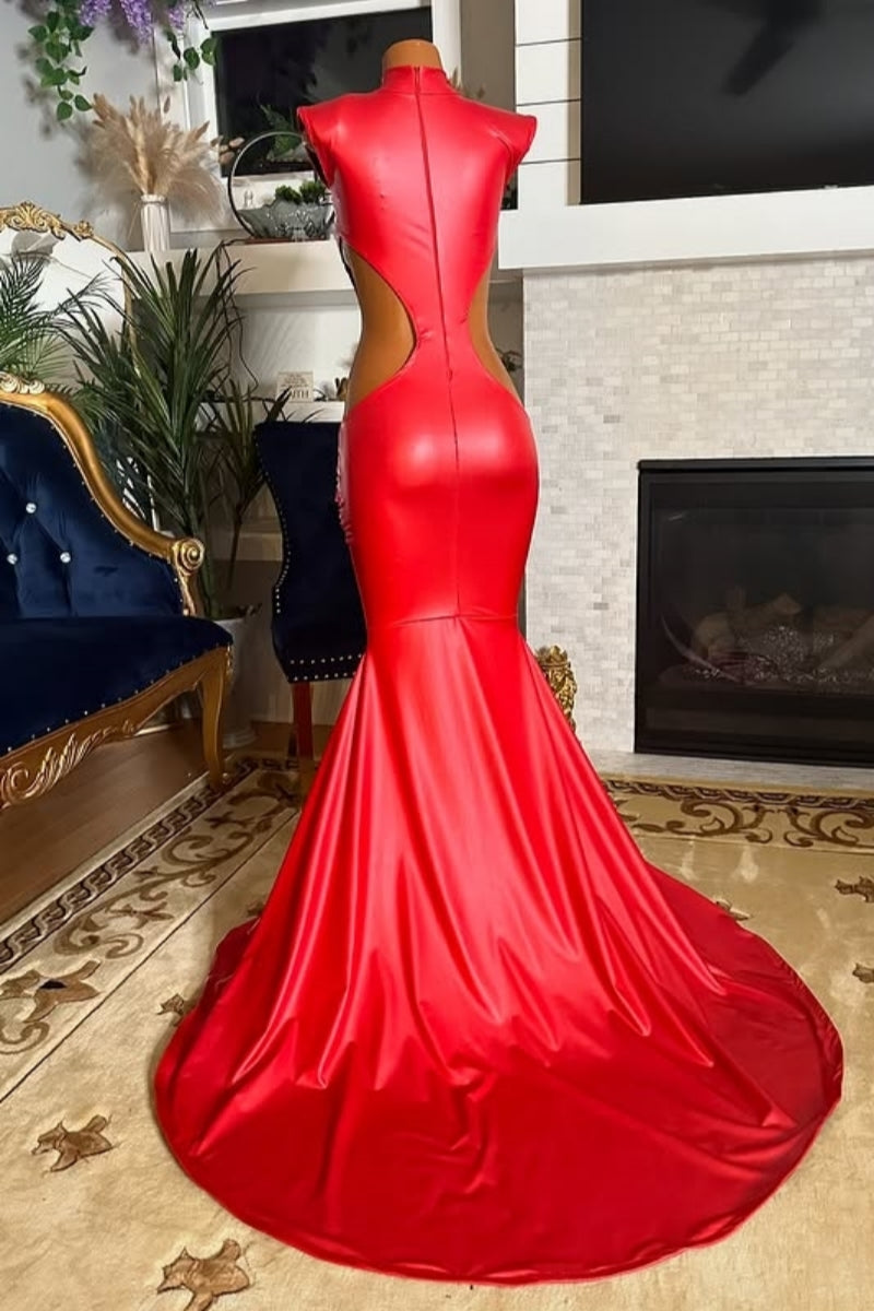 Gorgeous High Collar Red Mermaid Prom Dresses With Gold Decorative Buckle