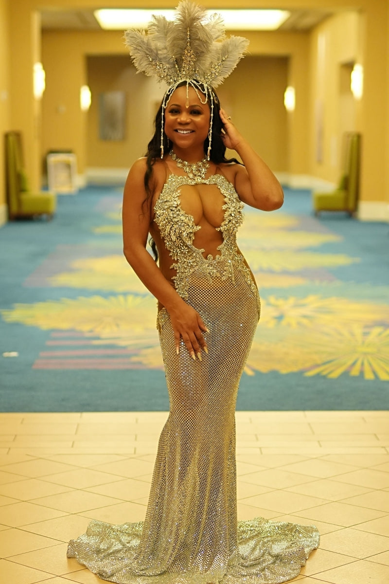 Sexy Halter Beadings Silver Net Mermaid Prom Dresses