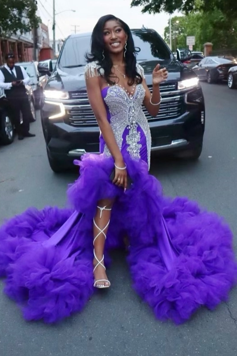 Beautiful Purple Split Ruffled Tulle Prom Dresses With Beadings
