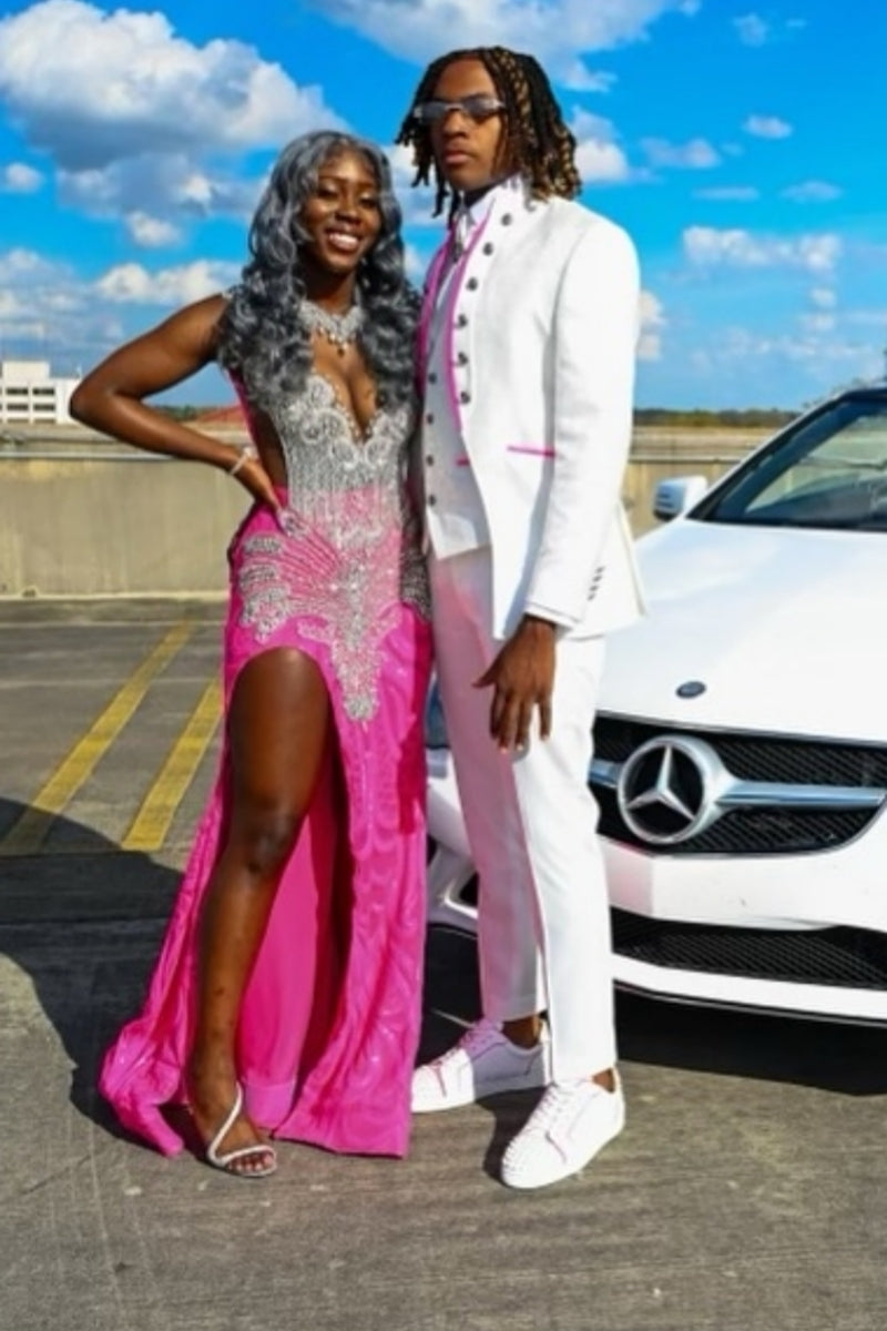 Chic Pink Split Sequins Prom Dresses With Silver Beadings