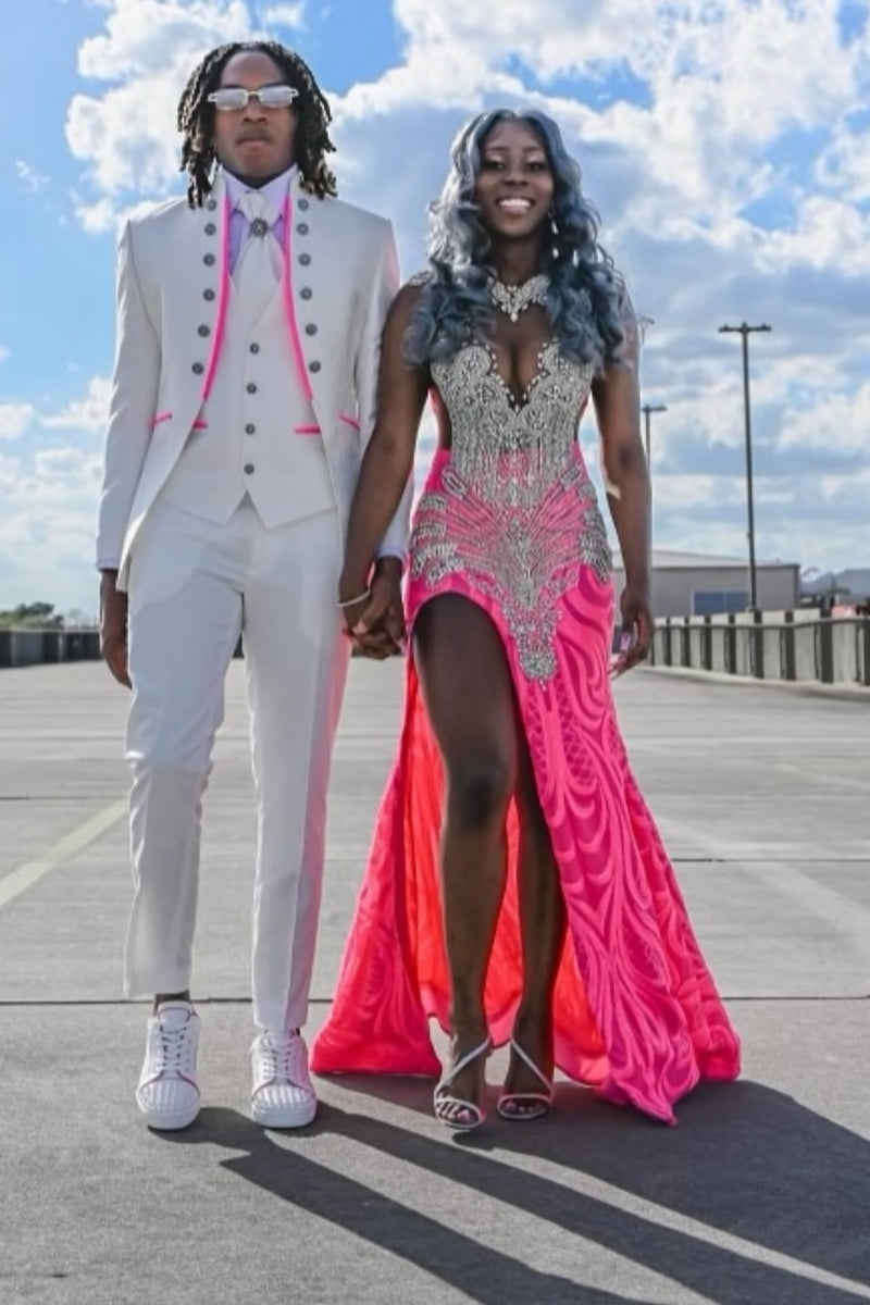 Chic Pink Split Sequins Prom Dresses With Silver Beadings