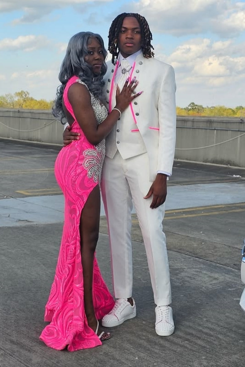 Chic Pink Split Sequins Prom Dresses With Silver Beadings