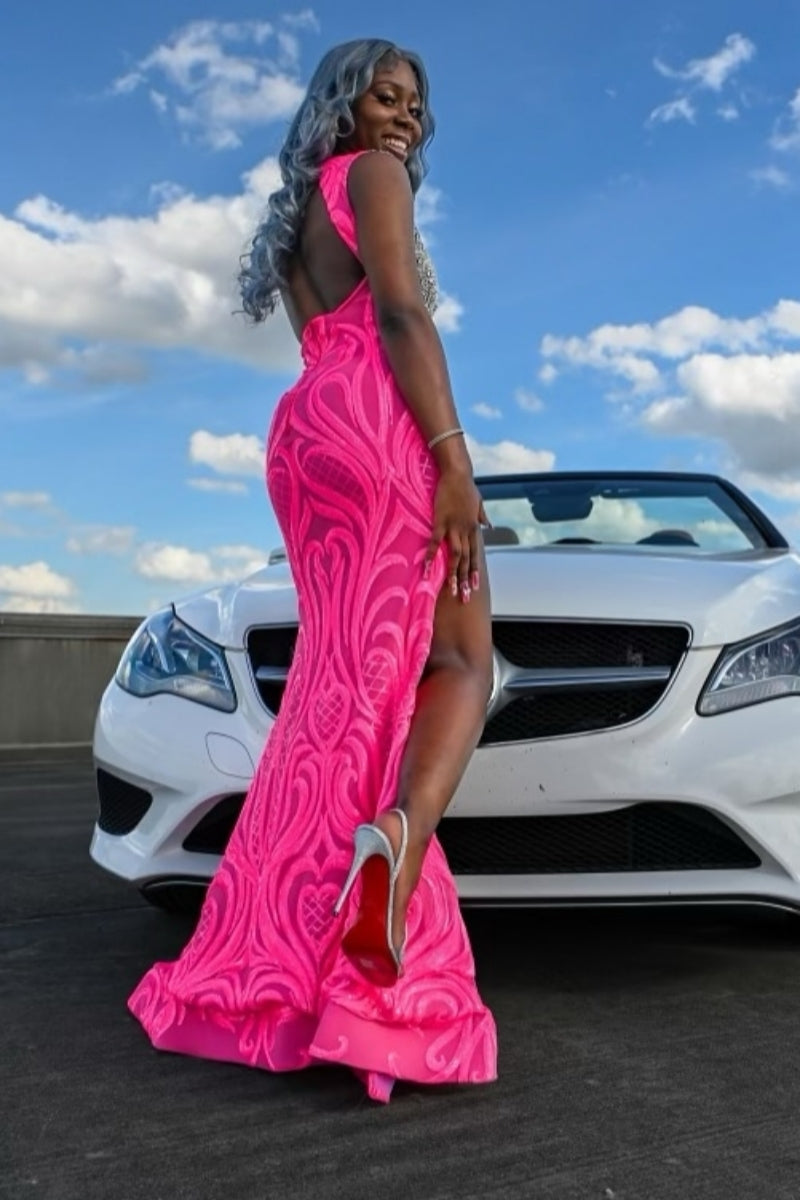 Chic Pink Split Sequins Prom Dresses With Silver Beadings