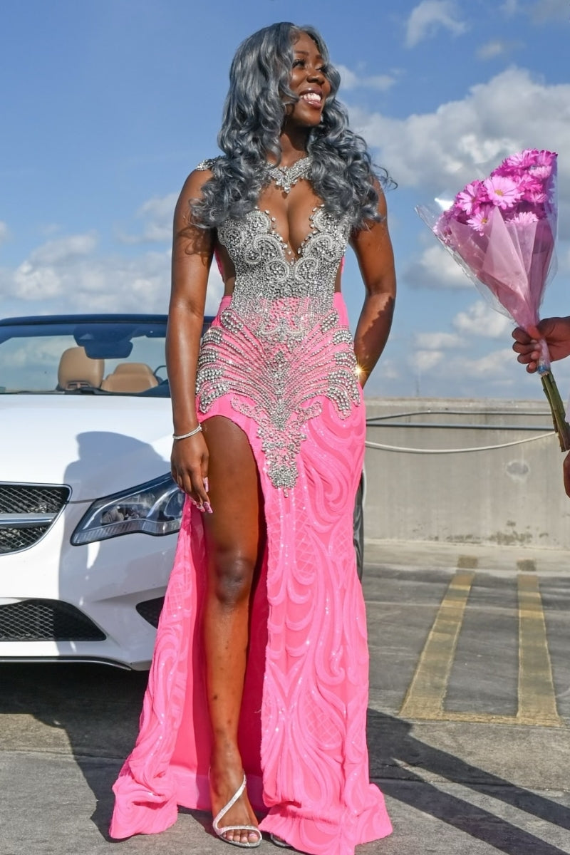 Chic Pink Split Sequins Prom Dresses With Silver Beadings