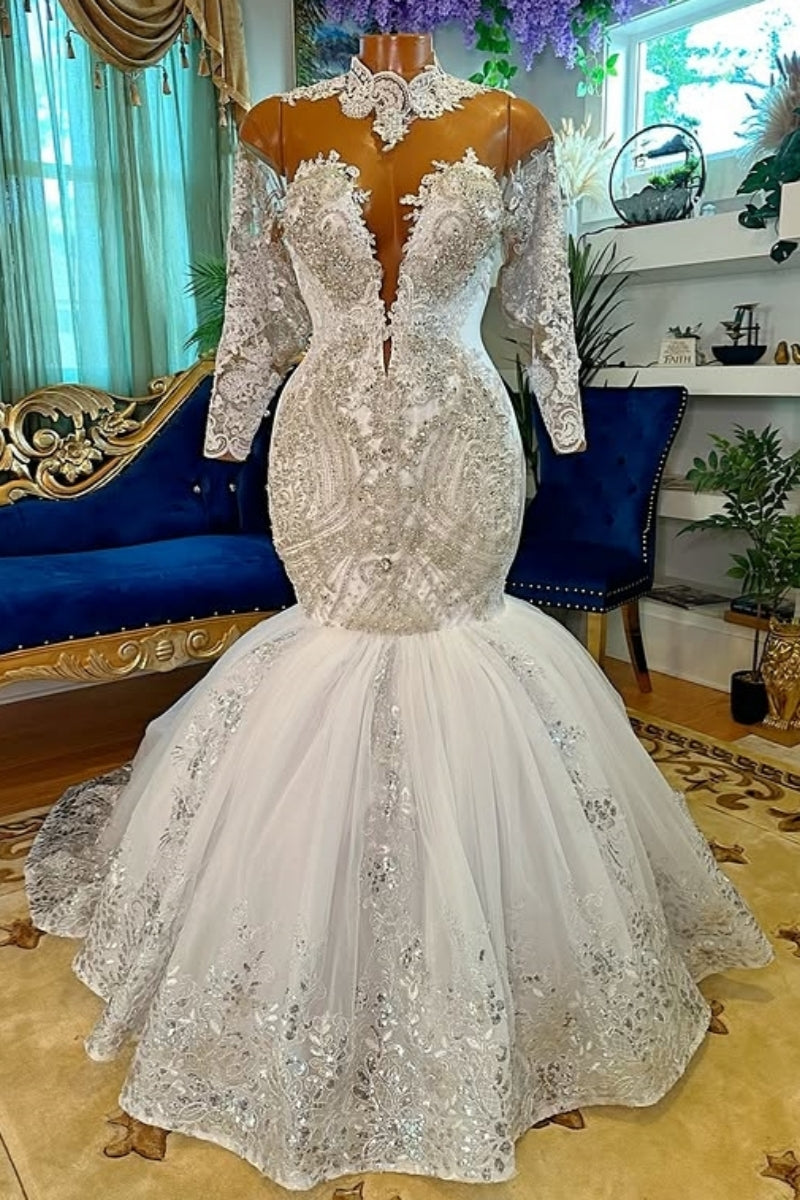 Chic High Collar Lace Mermaid Tulle Puffy Layers Wedding Dress With Beadings