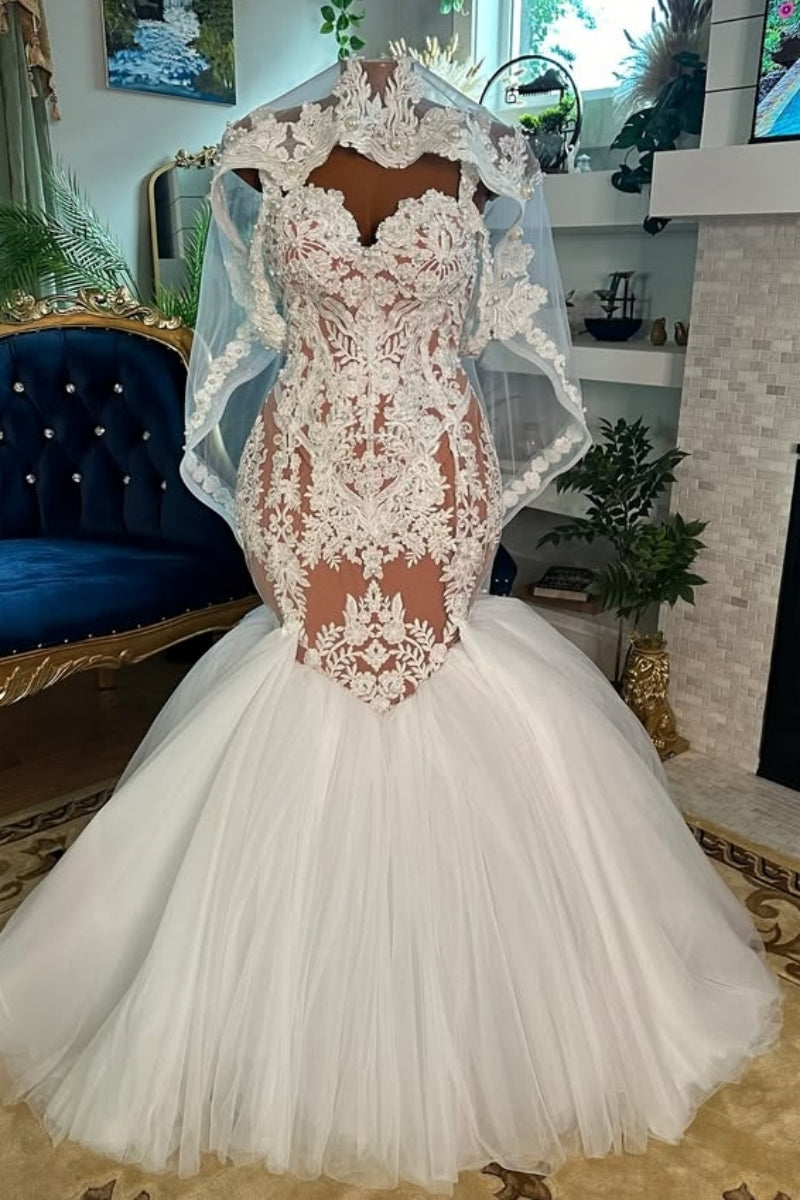 Elegant White Appliquesv Tulle Mermaid Puffy Layers Wedding Dress With Veil