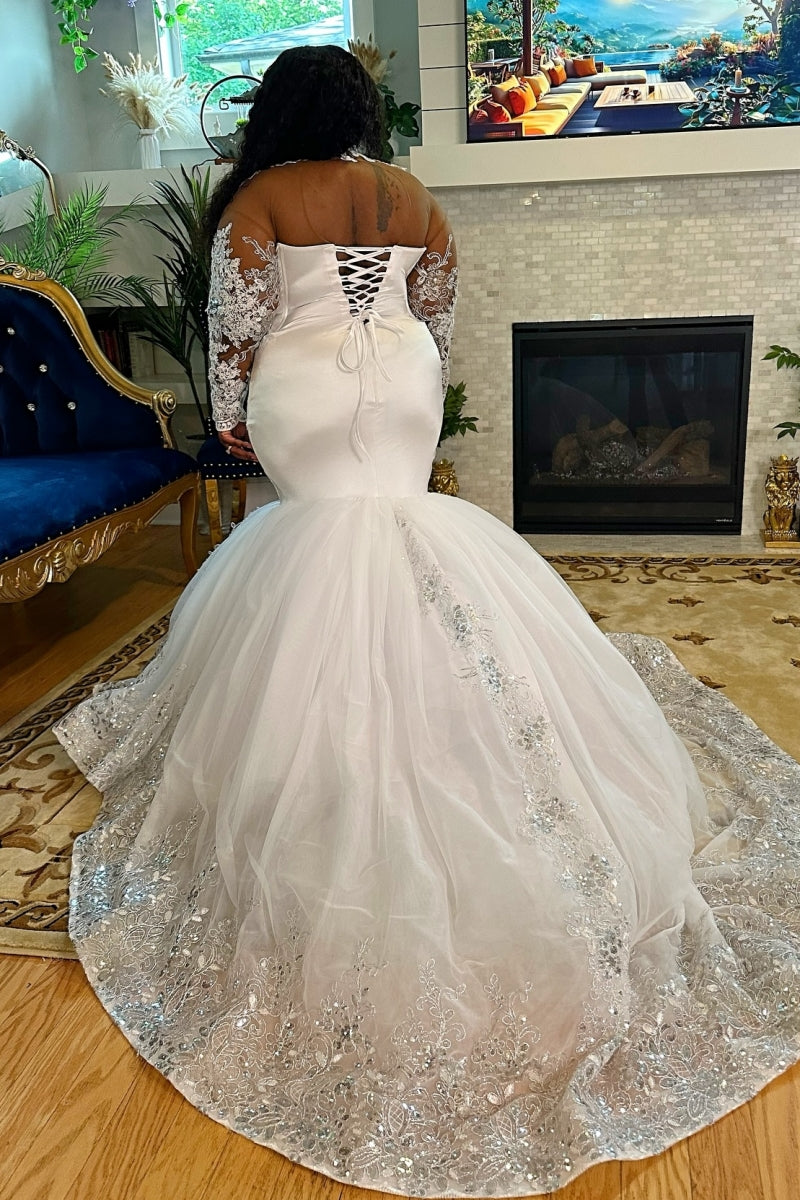 Chic High Collar Lace Mermaid Tulle Puffy Layers Wedding Dress With Beadings