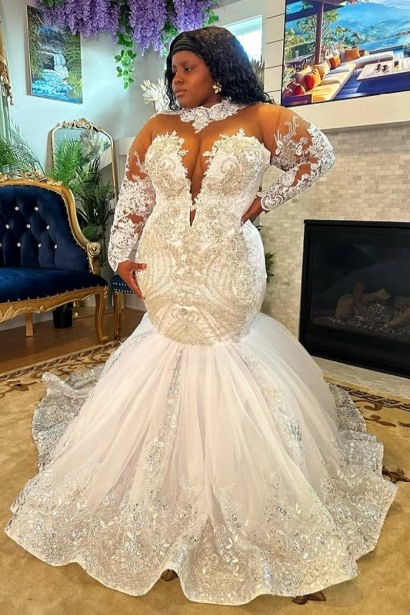 Chic High Collar Lace Mermaid Tulle Puffy Layers Wedding Dress With Beadings