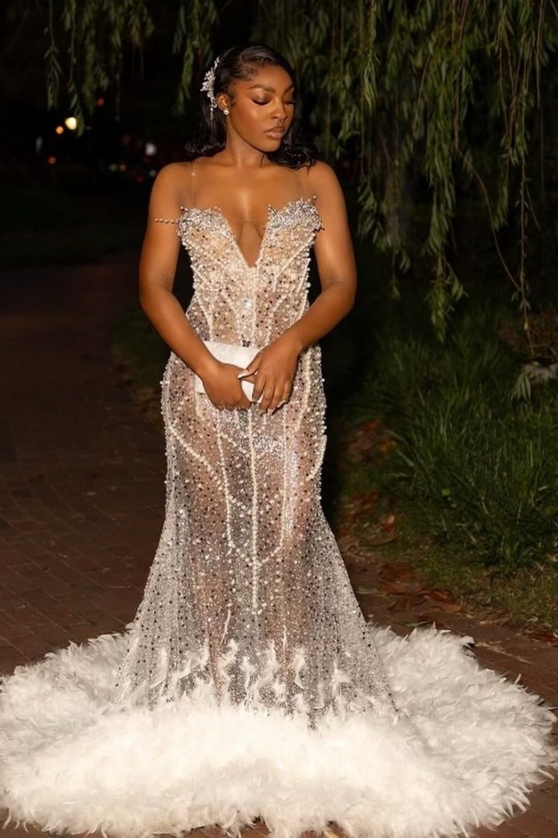 Sexy Sheer Straps Beadings Sequins Sheer Tulle Prom Dresses With Feathers