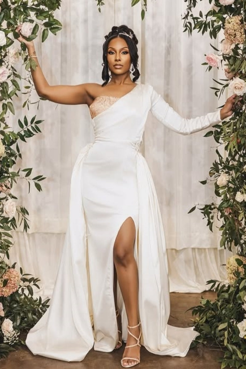 Modern One Shoulder Sequins White Split Wedding Dresses With Detachable Train