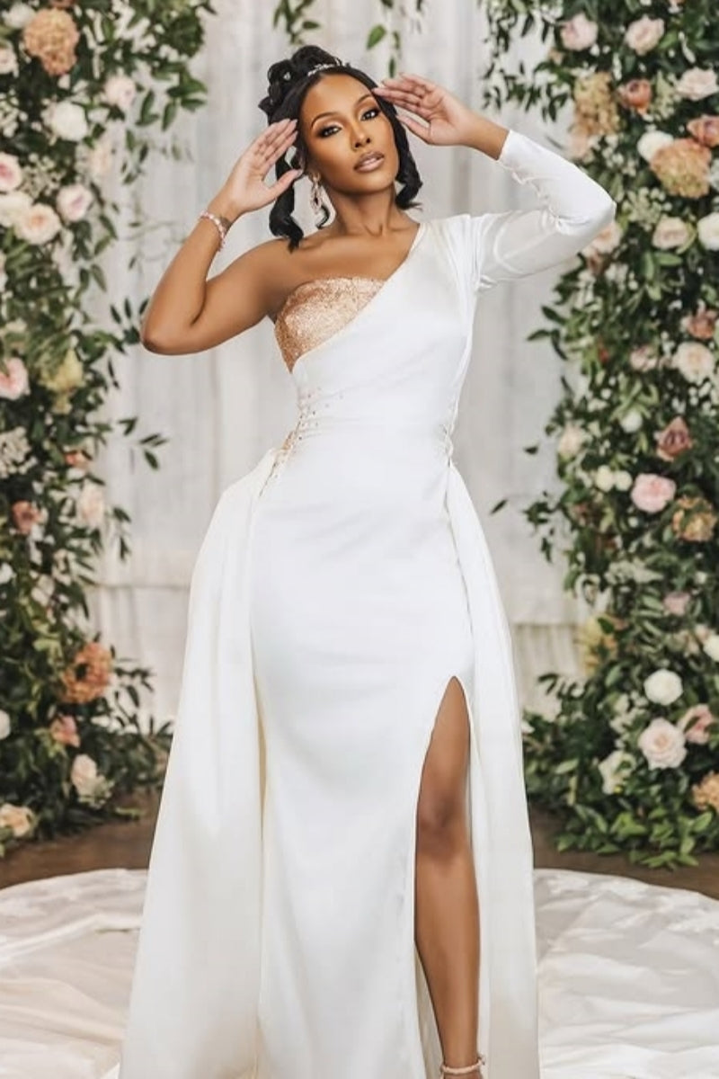 Modern One Shoulder Sequins White Split Wedding Dresses With Detachable Train
