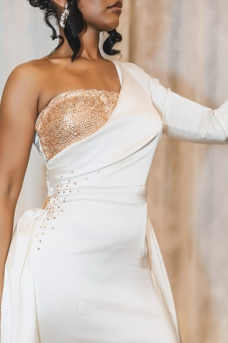 Modern One Shoulder Sequins White Split Wedding Dresses With Detachable Train