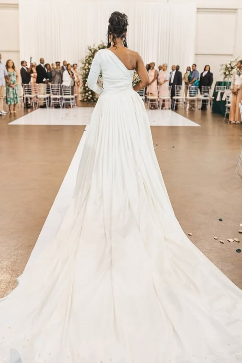 Modern One Shoulder Sequins White Split Wedding Dresses With Detachable Train