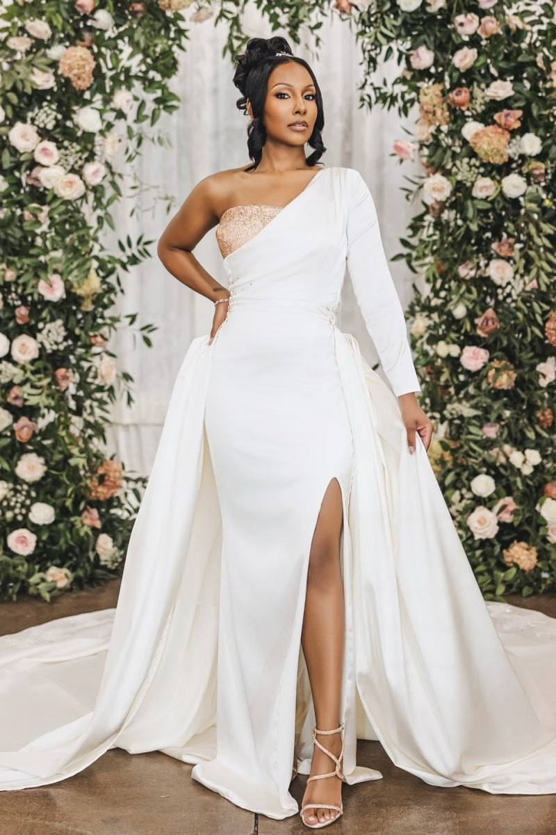 Modern One Shoulder Sequins White Split Wedding Dresses With Detachable Train
