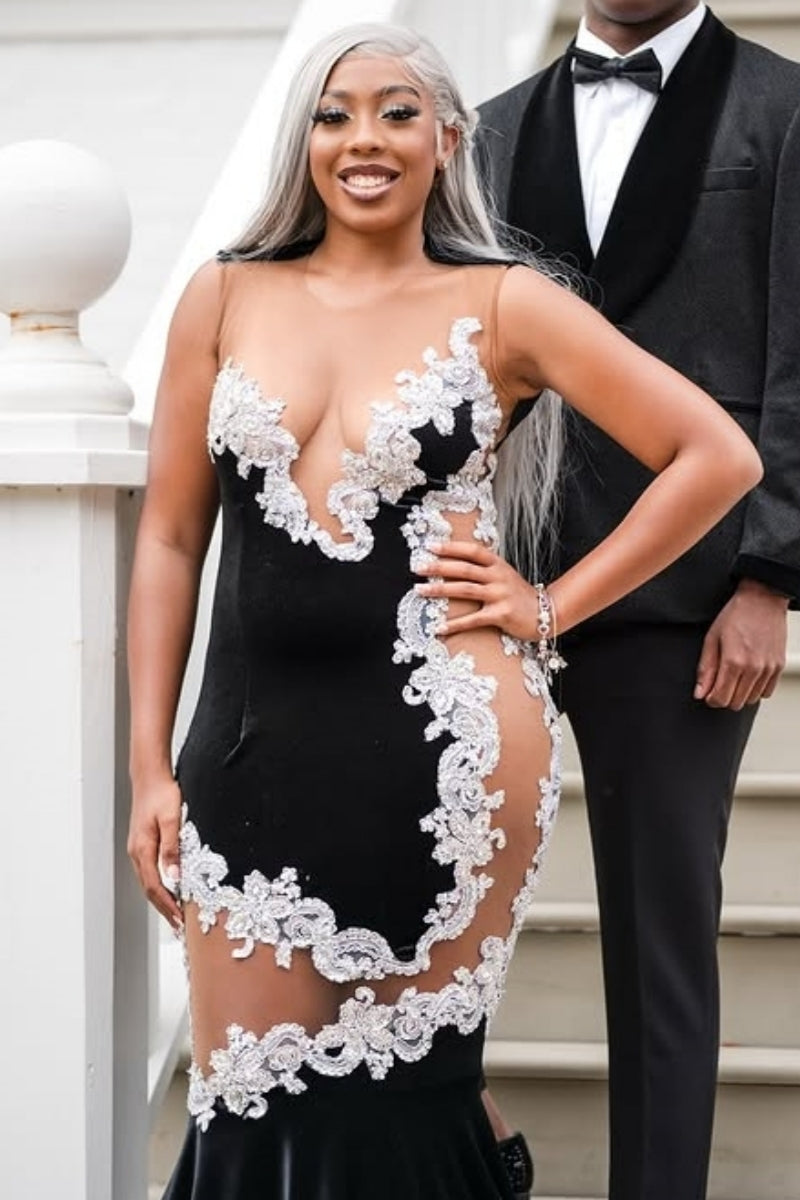 Sexy Black Scoop Appliques Velvet Mermaid Prom Dresses