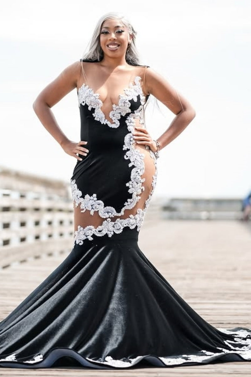 Sexy Black Scoop Appliques Velvet Mermaid Prom Dresses