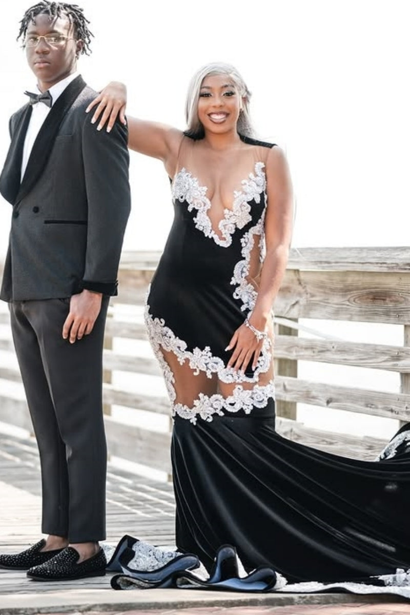 Sexy Black Scoop Appliques Velvet Mermaid Prom Dresses