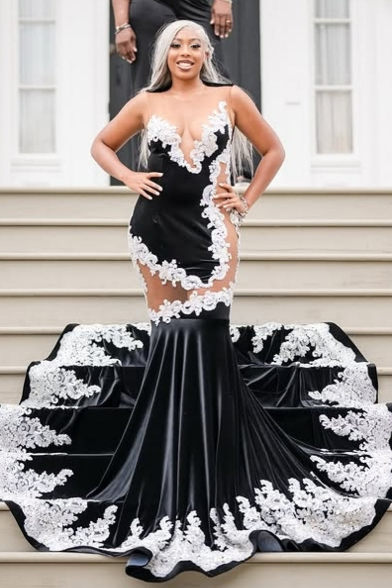 Sexy Black Scoop Appliques Velvet Mermaid Prom Dresses