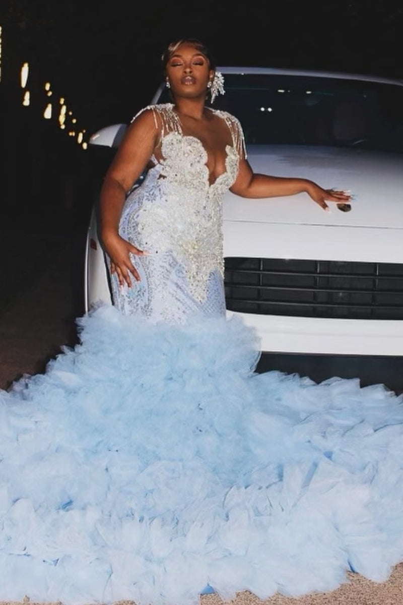 Fashion Blue Mermaid Deep V-Neck Beadings Prom Dresses With Ruffled Tulle