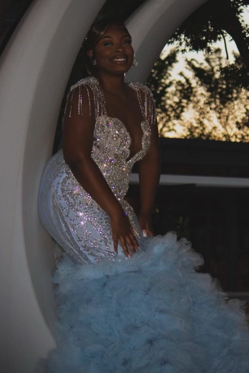 Fashion Blue Mermaid Deep V-Neck Beadings Prom Dresses With Ruffled Tulle